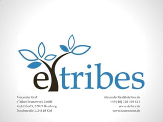 Alexander Graf                Alexander.Graf@etribes.de
eTribes Framework GmbH            +49 (40) 328 929 631
Kiebitzhof 9, 22089 Hamburg             www.etribes.de
Boschstraße 1, 24118 Kiel           www.kassenzone.de
 