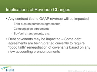 Implications of Revenue Changes

• Any contract tied to GAAP revenue will be impacted
   – Earn-outs on purchase agreements
   – Compensation agreements
   – Buy/sell arrangements, etc.
• Debt covenants may be impacted – Some debt
  agreements are being drafted currently to require
  “good faith” renegotiation of covenants based on any
  new accounting pronouncements




                                        © 2013 Hein & Associates, LLP. All rights reserved.
 
