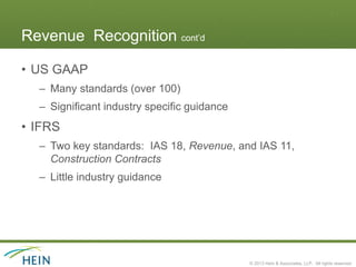 Revenue Recognition cont’d

• US GAAP
  – Many standards (over 100)
  – Significant industry specific guidance
• IFRS
  – Two key standards: IAS 18, Revenue, and IAS 11,
    Construction Contracts
  – Little industry guidance




                                             © 2013 Hein & Associates, LLP. All rights reserved.
 