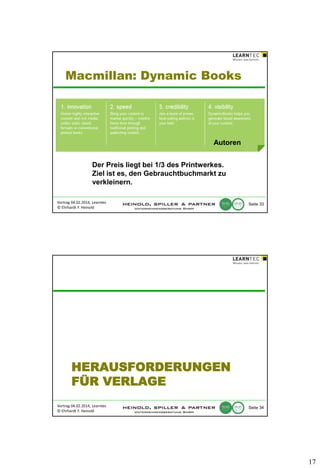 Macmillan: Dynamic Books

Autoren
Der Preis liegt bei 1/3 des Printwerkes.
Ziel ist es, den Gebrauchtbuchmarkt zu
verkleinern.
Vortrag 04.02.2014, Learntec
© Ehrhardt F. Heinold

Seite 33

HERAUSFORDERUNGEN
FÜR VERLAGE
Vortrag 04.02.2014, Learntec
© Ehrhardt F. Heinold

Seite 34

17

 