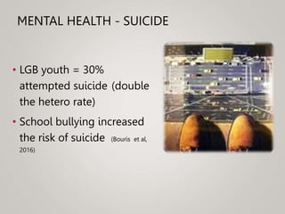 MENTAL HEALTH - SUICIDE
• LGB youth = 30%
attempted suicide (double
the hetero rate)
• School bullying increased
the risk of suicide (Bouris et al,
2016)
 