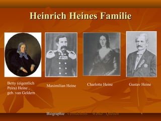 Heinrich Heines Familie




Betty (eigentlich                        Charlotte Heine     Gustav Heine
                    Maximilian Heine
Peira) Heine ,
geb. van Geldern




                    Biographie Vermächtnis   Werke Quellen
 