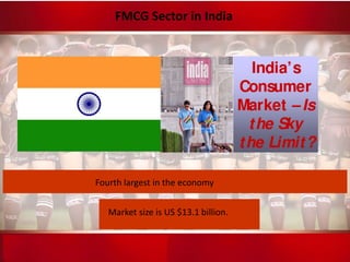 FMCG Sector in India
Fourth largest in the economy
Market size is US $13.1 billion.
 