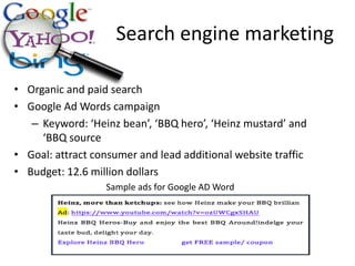 Search engine marketing
• Organic and paid search
• Google Ad Words campaign
– Keyword: ‘Heinz bean’, ‘BBQ hero’, ‘Heinz mustard’ and
‘BBQ source
• Goal: attract consumer and lead additional website traffic
• Budget: 12.6 million dollars
Sample ads for Google AD Word
 