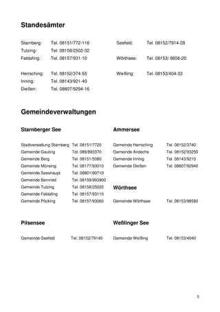 Standesämter

Starnberg:      Tel. 08151/772-116            Seefeld:         Tel. 08152/7914-28
Tutzing:        Tel. 08158/2502-32
Feldafing:      Tel. 08157/931-10             Wörthsee:        Tel. 08153/ 9858-20


Herrsching:     Tel. 08152/374-55             Weßling:         Tel. 08153/404-33
Inning:         Tel. 08143/921-40
Dießen:         Tel. 08807/9294-16




Gemeindeverwaltungen

Starnberger See                              Ammersee

Stadtverwaltung Starnberg Tel. 08151/7720    Gemeinde Herrsching        Tel. 08152/3740
Gemeinde Gauting         Tel. 089/893370     Gemeinde Andechs           Tel. 08152/93250
Gemeinde Berg            Tel. 08151/5080     Gemeinde Inning            Tel. 08143/9210
Gemeinde Münsing         Tel. 08177/93010    Gemeinde Dießen            Tel. 08807/92940
Gemeinde Seeshaupt       Tel. 08801/90710
Gemeinde Bernried        Tel. 08158/993900
Gemeinde Tutzing         Tel. 08158/25020    Wörthsee
Gemeinde Feldafing       Tel. 08157/93110
Gemeinde Pöcking         Tel. 08157/93060    Gemeinde Wörthsee          Tel. 08153/98580




Pilsensee                                    Weßlinger See

Gemeinde Seefeld         Tel. 08152/79140    Gemeinde Weßling           Tel. 08153/4040




                                                                                          5
 