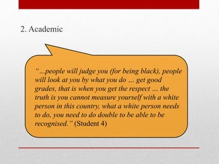 2. Academic 
“…people will judge you (for being black), people 
will look at you by what you do … get good 
grades, that i...