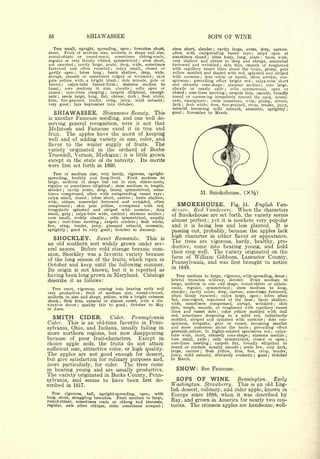 58                                        SHIAWASSEE                                                                                               SOPS OF WINE

   Tree small, upright, spreading, open      branches short,                    ;                                 stem  short, slender   cavity large, acute, deep, narrow,
                                                                                                                                                           ;

stout.  Fruit of medium size, uniform in shape and size,                                                          often  with outspreading russet rays       calyx open or                           ;

round-oblate or round-conic,       sometimes oblong-conic,                                                        sometimes closed    lobes leafy, long, acute
                                                                                                                                               ;                 basin wide,                                         ;


regular or very faintly ribbed, symmetrical       stem short,                                   ;                 very shallow and obtuse to deep and abrupt, somewhat
not exserted    cavity large, acute, deep, wide, sometimes
                                 ;                                                                                furrowed and wrinkled     skin thin, smooth or roughened
                                                                                                                                                                   ;

furrowed and often      russeted    calyx small, closed or    ;                                                   with capillary russet lines about the basin, glossy, pale
partly open ; lobes long ; basin shallow, deep, wide,                                                             yellow mottled and shaded with red, splashed and striped
abrupt, smooth or sometimes ridged or wrinkled ; skin                                                             with carmine dots white or russet, often areolar, con-
                                                                                                                                         ;


pale yellow with a bright blush        dots minute, pale or            ;                                          spicuous    prevailing effect bright red
                                                                                                                                   ;                           calyx-tube short                      ;


brown ; calyx-tube funnel-form         stamens median to           ;                                              and obtusely cone-shape       stamens median      core large,
                                                                                                                                                                       ;                                             ;

basal   core medium in size, abaxile
         ;                                    cells open    or                  ;                                 abaxile or nearly axile        cells symmetrical,    open or
                                                                                                                                                                           ;

closed   core-lines clasping ; carpels elliptical, emargi-
             ;                                                                                                    closed ; core-lines meeting    carpels thin, smooth, broadly ;

nate ; seeds large, long, flat, obtuse, dark      flesh white,                              ;                     round or narrowing irregularly toward the apex, acumi-
firm, fine-grained, tender, crisp, juicy, mild subacid ;                                                          nate, emarginate     seeds numerous, wide, plump, obtuse,
                                                                                                                                               ;


very good    late September into October.
                     ;                                                                                            dark flesh white, firm, fine-grained, crisp, tender, juicy,
                                                                                                                           ;


                                                                                                                  subacid becoming mild subacid, aromatic, sprightly ;
     SHIAWASSEE.     Shiawassee Beauty. This                                                                      good     ;   November            to March.
is another Fameuse seedling, and one well de-
serving general recognition, were it not that
Mclntosh and Fameuse excel it in tree and
fruit. The apples have the merit of keeping
well and of adding variety in size, color, and
flavor to the winter supply of fruits.      The
variety originated in the orchard of Beebe
Truesdell, Vernon, Michigan; it is little grown
except in the state of its nativity. Its merits
were first set forth in 1860.
     Tree of medium  size, very hardy, vigorous, upright-
spreading,  healthy and long-lived.      Fruit medium to
large,  uniform in shape but not in size, oblate-conic,
regular or sometimes elliptical    stem medium in length,     ;

slender ; cavity acute, deep, broad, symmetrical, some-
times compressed, often with outspreading russet rays ;                                                                                  51.           Smokehouse.                         (XV2              )

calyz small, closed   lobes short, narrow  ;
                                             basin shallow,                         ;

wide, obtuse, somewhat furrowed and wrinkled, often
compressed     skin pale yellow, overspread with red,
                         ;
                                                                                                                      SMOKEHOUSE.                   English Van-                   Fig. 51.
irregularly splashed and striped with, carmine          dots                                            ;         devere.              Red Vandevere. When
                                                                                                                                                   the characters
small, gray   calyx-tube wide, conical
                             ;
                                          stamens median ;                  ;
                                                                                                                  of Smokehouse are set forth, the variety seems
core small, widely abaxile      cells symmetrical, usually
                                                        ;


open ; core-lines meeting    carpels cordate    flesh white,
                                                   ;                                    ;
                                                                                                                  almost perfect; yet it is nowhere very popular
fine,    crisp,                  tender,       juicy,       pleasant        subacid,                 aromatic,    and it is being less and less planted. It is
sprightly                good to very good                         October to January.
                 ;                                            ;
                                                                                                                  passing out, probably, because the apples lack
     SHOCKLEY.      Sweet Romanite. This is                                                                       high character in either flavor or appearance.
an old southern                                                                                                   The trees are vigorous, hardy, healthy, pro-
                              grown under sev- sort widely
eral names.   Before cold storage became com-                                                                     ductive, come into bearing young, and hold
                                                                                                                  their crop well. The variety originated on the
mon, Shockley was a favorite variety because                                                                      farm of William Gibbons, Lancaster County,
of the long season of the fruits, which ripen in
October and keep until the following summer.                                                                      Pennsylvania, and was first brought to notice
                                                                                                                  in 1848.
Its origin is not known, but it is reported as
having been long grown in Maryland. Catalogs                                                                         Tree medium to large, vigorous, wide-spreading, dense                                                               ;


describe             it              as follows:                                                                  lateral  branches willowy, slender.     Fruit medium to
                                                                                                                  large, uniform in size and shape, round-oblate or oblate-
     Tree erect, vigorous,                        coming into bearing early and                                   conic,  regular, symmetrical      stem medium to long,           ;



very    productive   fruit            ;           of     medium            size,        round-conical,
                                                                                                                  slender   cavity acute, deep, narrow, sometimes furrowed,
                                                                                                                               ;



uniform in size and shape, yellow, with a bright crimson                                                          often thinly russeted     calyx large, open  ;lobes often                                      ;


cheek   flesh firm, subacid or almost sweet, with a dis-                                                          flat,   convergent,          separated at the                            base          ;
                                                                                                                                                                                                                 basin shallow,
         ;

tinctive flavor ; quality fair to good   October to May                     ;
                                                                                                                  wide,   sometimes compressed, abrupt, wrinkled         skin                                                        ;


or June.                                                                                                          thin, tough, smooth, or roughened with capillary russet
                                                                                                                  lines and russet dots     color yellow mottled with dull
                                                                                                                                                               ;

                                                                                                                  red, sometimes deepening to a solid red, indistinctly
     SMITH   CIDER.      Cider.  Pennsylvania                                                                     mottled, striped and splashed with carmine       dots con-                                             ;

Cider. This is an old-time favorite in Penn-                                                                      spicuous, irregular, gray or russet, becoming smaller
sylvania, Ohio, and Indiana, usually failing in                                                                   and more numerous about the basin         prevailing effect                    ;



more northern regions, but now disappearing                                                                       greenish-yellow, in highly-colored specimens red     calyx-                                                    ;

                                                                                                                  tube wide, short, obtusely cone-shape    stamens median                    ;                                           ;

because of poor fruit-characters.       Except in                                                                 core small, axile    cells symmetrical, closed or open
                                                                                                                                                   ;                                                                                     ;

choice apple soils, the fruits do not attain                                                                      core-lines meeting    carpels flat, broadly elliptical to
                                                                                                                                                       ;

                                                                                                                  round or cordate, usually smooth seeds few, very dark,
sufficient size, attractive color, or high quality.                                                                                                                                    ;


                                                                                                                  large, narrow    flesh yellow,
                                                                                                                                         ;        firm, fine, crisp, tender,
The apples are not good enough for dessert,                                                                       juicy, mild subacid, delicately aromatic    good October                               ;                   ;

but give satisfaction for culinary purposes and,                                                                  to March.
more  particularly, for cider. The trees come
in bearing young and are usually productive.                                                                         SNOW: See Fameuse.
The variety originated in Bucks County, Penn-
sylvania, and seems                                     to        have been                         first   de-      SOPS OF WINE.                                                     Bennington.   Early
scribed in 1817.                                                                                                  Washington. Strawberry.                                              This is an old Eng-
                                                                                                                                       and cider apple, known in
                                                                                                                  lish dessert, culinary,
   Tree vigorous, tall, upright-spreading, open, with
long, stout, straggling branches. Fruit medium to large,
                                                                                                                  Europe since 1688, when it was described by
round-oblate, sometimes conic or oblong and truncate,                                                             Ray, and grown in America for nearly two cen-
regular, axis often oblique, sides sometimes unequal ;                                                            turies. The crimson apples are handsome, well-
 