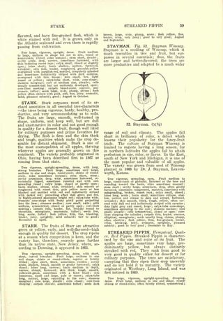 STARK                                                                                                   STREAKED PIPPIN                                 59


                          and have fine-grained                                                         which                  is       brown,    large,           wide, plump, acute ; flesh yellow, fine,
flavored,                                                                              flesh,
                                                                                                                                        tender,   crisp,           very juicy good to very good ; August
white stained with red. It is grown only on
                                                                                                                                                                                    ;


                                                                                                                                        and September.
the Atlantic seaboard and even there is rapidly
passing from cultivation.                                                                                                                  STAYMAN.                              Fig.       52.       Stayman Winesap.
                                                                                                                                        Stayman     a seedling of Winesap, which it
                                                                                                                                                              is
   Tree large, vigorous, upright, dense.     Fruit medium
to large, uniform in shape but not in size, round or
                                                                                                                                        much resembles in tree and fruit, but sur-
round-conic, ribbed, sides unequal     stem short, slender                         ;                                            ;       passes in several essentials; thus, the fruits
cavity acute, deep, narrow, sometimes furrowed,
                                                        with                                                                            are larger and better-flavored; the trees are
thin radiating russet rays   calyx small, closed or slightly   ;
                                                                                                                                        more productive and adapted to a much wider
open ;
        lobes short    basin shallow, narrow, furrowed,
                                                   ;

wrinkled    skin thin, tender, roughened, greenish-yellow
               ;



overspread with purplish-red, mottled, irregularly splashed
and sometimes indistinctly striped with dark carmine,
overspread with thin bloom         dots small, few, light                  ;


russet or yellow     calyx-tube short, wide, cone-shape
                                           ;
                                                                                                                                ;


stamens marginal     core of medium size, abaxile
                                           ;
                                                        cells                                                       ;




usually symmetrical but not uniformly developed, open                                                                           ;


core-lines meeting     carpels broad-ovate, concave, mu-
                                               ;



cronate, tufted   seeds large, wide, plump, obtuse
                                   ;
                                                        flesh                                                           ;



yellow often stained with pink, soft, fine, juicy, aromatic,
mild, pleasant subacid good      August   to October.      ;           ;




   STARK.                              Stark surpasses most of                                                  its          or-
chard associates in all essential tree-characters
  the trees being vigorous, hardy, healthy, pro-
ductive, and very accommodating as to soils.
The fruits are large, smooth, well-turned in
shape, uniform, and keep well, but are dull
and unattractive in color and not good enough                                                                                                                              52.   Stayman.
in quality for a dessert fruit, though well liked
for culinary purposes and prime favorites for                                                                                           range of   soil and climate.      The apples fall
drying.                   The
                            and the skin thick
                                       flesh is firm                                                                                    short in brilliancy of color, a defect which
and tough, qualities which make the crop de-                                                                                            lessens their popularity for the fancy-fruit
sirable for distant shipment.  Stark is one of                                                                                          trade.  The culture of Stayman Winesap is
the most cosmopolitan of all apples, thriving                                                                                           limited to regions having a long season, for
wherever apples are generally grown on this                                                                                             in northern latitudes the apples fail to attain
continent. The variety probably originated in                                                                                           perfection in size, color, or flavor. In the East,
Ohio, having been described first in 1867 as                                                                                            south of New York and Michigan, it is one of
coming from that state.                                                                                                                 the most popular and valuable of all apples.
  Tree vigorous,                                                                                        with                long,
                                                                                                                                        The variety was grown from seed of Winesap
                                               upright-spreading,                      dense,
strong branches.          Fruit large, sometimes very large,                                                                            planted in 1866 by Dr. J. Stayman, Leaven-
uniform in        size and shape, round-conic, oblate or round-                                                                         worth, Kansas.
ovate,       sides   sometimes unequal ; stem short, stout ;
cavity       acuminate, deep, wide, sometimes furrowed, oc-                                                                                Tree vigorous, spreading, open.      Fruit medium to
casionally  lipped, sometimes russeted and with out-                                                                                    large, round-conic or globular, flattened at the base and
spreading russet    calyx large, closed or partly open
                                       ;                                                                                            ;
                                                                                                                                        rounding toward the basin, sides sometimes unequal                              ;


basin shallow, obtuse, wide, wrinkled       skin smooth or                              ;                                               stem short    cavity large, acuminate, deep, often gently
                                                                                                                                                          ;


roughened with russet dots, pale yellow more or less                                                                                    furrowed, sometimes compressed, russeted, sometimes with
blushed and mottled with      red and indistinctly striped                                                                              outspreading, broken, russet rays ; calyx small, closed ;
with darker red     prevailing effect dull green and red,
                                       ;                                                                                                lobes long, acute      basin small, sometimes oblique, shal-
                                                                                                                                                                            ;

in highly-colored specimens bright red     calyx-tube wide,                            ;
                                                                                                                                        low, narrow and obtuse to deep and abrupt, furrowed,
truncate cone-shape with fleshy pistil point projecting                                                                                 wrinkled     skin smooth, thick, tough, yellow, often cov-
                                                                                                                                                      ;

into the base    stamens median;
                                    core small, axile   cells                  ;                                        ;               ered with dull red and indistinctly striped with carmine                        ;


uniform, symmetrical, closed or partly open        core-lines                                           ;                               dots light gray and russet, large       calyx-tube cone-shape,;


meeting    carpels thin, tender, flat, broadly round to
              ;                                                                                                                         sometimes extending to the core stamens median ; core     ;


obcordate, emarginate, mucronate, tufted         seeds few,                                     ;
                                                                                                                                        small,   abaxile   cells symmetrical, closed or open ; core-
                                                                                                                                                                   ;


long, acute, tufted     flesh yellow, firm, fine, breaking,
                                                       ;                                                                                lines clasping the cylinder     carpels thin, tender, concave,
                                                                                                                                                                                        ;


tender, juicy, sprightly, mild subacid       fair to good                                   ;                                       ;
                                                                                                                                        elliptical, emarginate ; seeds usually long, obtuse, plump,
November                  to       April.                                                                                               often abortive      flesh yellow, firm, fine-grained, tender,
                                                                                                                                                                       ;


                                                                                                                                        crisp,    breaking, juicy,    aromatic,   sprightly,  pleasant
   STARR. The                                              fruits of Starr are attractive                                               subacid   ; good to very good ; December to May.
green or yellow, early, and well-flavored high
enough in quality for dessert. The crop ripens                                                                                             STREAKED                              PIPPIN. Hempstead. Quak-
at a season when competition is keen, and the                                                                                           er.   Red Pippin. Streaked Pippin is character-
              therefore, scarcely gone further
                                                                                                                                        ized by the size and color of its fruit.   The
variety                   has,
than     native state, New Jersey, where, ac-
             its                                                                                                                        apples are large, sometimes very large, pre-
cording to Downing, it appeared in 1865.                                                                                                dominantly yellow, but always distinctly
                                                                                                                                        streaked with red. They rank from good to
   Tree                                                                                                 with
              vigorous,
       curved branches.
                                               upright-spreading,
                           Fruit large, uniform in size
                                                                                       dense,                               short,
                                                                                                                                        very good in quality either for dessert or for
stout,
and shape, oblate or round-oblate, regular or faintly                                                                                   culinary purposes. The trees are satisfactory,
ribbed   stem short, thick, sometimes swollen
          ;                                      cavity                                                         ;                       excepting that they ripen their crop unevenly
acute, shallow, broad, smooth or gently furrowed  calyx                                                             ;
                                                                                                                                        and do not hold it to maturity. The variety
closed   lobes long, narrow     basin medium in depth,
                                                                                                                                        originated at Westbury, Long Island, and was
         ;                                                             ;


narrow,   abrupt, furrowed     skin thick, tough, smooth,          ;


yellowish-green, sometimes with a faint blush          dots                                                             ;
                                                                                                                                        first noticed in 1869.
numerous, small and large, pale or russet       calyx-tube                                          ;


long,  conical, large, extending to the core       stamens                                                  ;
                                                                                                                                           Tree  large,  vigorous,  upright-spreading,   drooping,
marginal     core large, abaxile
                      ;
                                   cells closed  core-lines                    ;                        ;
                                                                                                                                        dense.  Fruit large, uniform in size and shape, round-
clasping    carpels obovate, sometimes tufted
                  ;
                                                seeds dark                                          ;                                   oblong or round-conic, often faintly ribbed, symmetrical ;
 