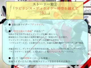 ストーリー案① 「 ラビリンス・ディケイド～時空を越えて（仮） 」 ● 主役は新ライダー「 ディケイド 」  ●” 時空を超えた脅威 ”が迫る！” 放映が予定されているテレビシリーズを軸に据えつつ、 劇場版ならではの独自の展開を織り込んだ「娯楽大作」を目指す。 テレビシリーズと同じく、各ライダーの活躍する世界を 「パラレルワールド」と位置付けた上で、共通の危機を解決するライダー達の物語。 本編と同じく、ディケイドが各時空を巡る他、もう一つの時空を繋ぐモチーフとして 「デンライナー」を活用、人気の高かった電王ファンへもアピールする。 ● そして「謎の 昭和 ヒーロー」も登場…  後輩ライダーたちに熱い昭和スピリッツを伝えるその正体は…  