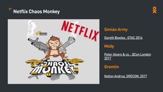 Netflix Chaos Monkey
Simian Army
Gareth Bowles , GTAC 2014
Molly
Peter Alvaro & co. , QCon London
2017
Gremlin
Kolton Andrus, SRECON, 2017
37
 