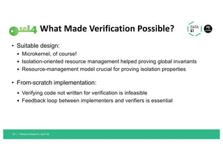What Made Verification Possible?
• Suitable design:
• Microkernel, of course!
• Isolation-oriented resource management hel...