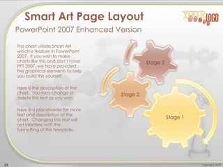 Stage 1
Stage 2
Stage 3
This chart utilizes Smart Art
which is feature in PowerPoint
2007. If you wish to make
charts like this and don’t have
PPT 2007, we have provided
the graphical elements to help
you build this yourself.
Here is the description of the
chart. You may change or
delete this text as you wish.
Here is a placeholder for more
text and description of the
chart. Changing this text will
not interfere with the
formatting of this template.
15 Copyright 2009
Smart Art Page Layout
PowerPoint 2007 Enhanced Version
 