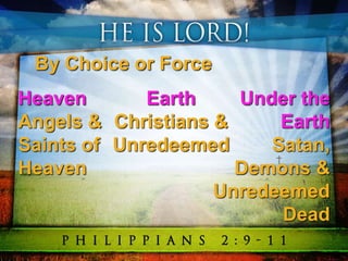 By Choice or Force
Heaven
Angels &
Saints of
Heaven
Earth
Christians &
Unredeemed
Under the
Earth
Satan,
Demons &
Unredeemed
Dead
 