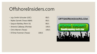OffshoreInsiders.com
◦ Juju Smith-Schuster (USC) 80/1
◦ Myles Garrett (Texas A&M) 80/1
◦ Saquon Barkley (Penn St) 80/1
◦ Antonio Callaway (Florida) 100/1
◦ Chris Warren (Texas) 100/1
◦ D’Onta Foreman (Texas) 100/1
 