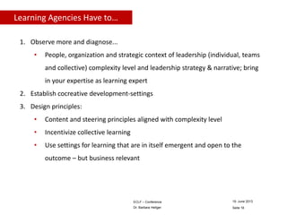 Learning Agencies Have to…
1. Observe more and diagnose...
•

People, organization and strategic context of leadership (individual, teams
and collective) complexity level and leadership strategy & narrative; bring

in your expertise as learning expert
2. Establish cocreative development-settings
3. Design principles:
•

Content and steering principles aligned with complexity level

•

Incentivize collective learning

•

Use settings for learning that are in itself emergent and open to the
outcome – but business relevant

ECLF – Conference

19. June 2013

Dr. Barbara Heitger

Seite 16

 