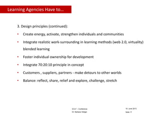 Learning Agencies Have to…
3. Design principles (continued):
•

Create energy, activate, strengthen individuals and communities

•

Integrate realistic work-surrounding in learning methods (web 2.0, virtuality)

blended learning
•

Foster individual ownership for development

•

Integrate 70:20:10 principle in concept

•

Customers , suppliers, partners - make detours to other worlds

•

Balance: reflect, share, relief and explore, challenge, stretch

ECLF – Conference

19. June 2013

Dr. Barbara Heitger

Seite 17

 