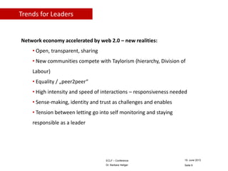 Trends for Leaders

Network economy accelerated by web 2.0 – new realities:
• Open, transparent, sharing

• New communities compete with Taylorism (hierarchy, Division of
Labour)
• Equality / „peer2peer“
• High intensity and speed of interactions – responsiveness needed

• Sense-making, identity and trust as challenges and enables
• Tension between letting go into self monitoring and staying
responsible as a leader

ECLF – Conference

19. June 2013

Dr. Barbara Heitger

Seite 9

 