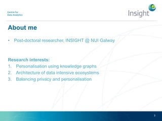 About me
• Post-doctoral researcher, INSIGHT @ NUI Galway
Research interests:
1. Personalisation using knowledge graphs
2. Architecture of data intensive ecosystems
3. Balancing privacy and personalisation
3
 