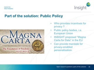 Part of the solution: Public Policy
• Who provides incentives for
privacy ?
• Public policy bodies, i.e.
European Union
• INSIGHT proposed “Magna
Carta for Data” in the EU
• Can provide mandate for
privacy-enabled
personalisation.
30Open research questions: parts of the solution
 