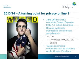2013/14 – A turning point for privacy online ?
• June 2013: ex-NSA
contractor Edward Snowden
leaks 1,7 million documents
• Reveals systematic
international and domestic
surveillance in:
– USA
– “Five Eyes” (UK, AU, CA)
– Europe
• Targets commercial
companies such as Microsoft,
Apple, Google, Facebook
7Why privacy for the Web ?
 