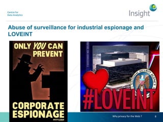 Abuse of surveillance for industrial espionage and
LOVEINT
8Why privacy for the Web ?
 