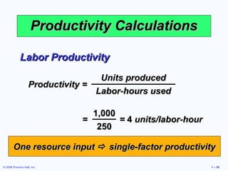 Productivity Calculations

             Labor Productivity
                                    Units produced
                    Productivity =
                                   Labor-hours used

                                 1,000
                               =       = 4 units/labor-hour
                                  250

        One resource input  single-factor productivity

© 2008 Prentice Hall, Inc.                                    1 – 55
 