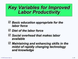 Key Variables for Improved
                    Labor Productivity
                 Basic education appropriate for the
                  labor force
                 Diet of the labor force
                 Social overhead that makes labor
                  available
                 Maintaining and enhancing skills in the
                  midst of rapidly changing technology
                  and knowledge

© 2008 Prentice Hall, Inc.                                  1 – 67
 