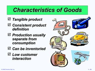 © 2008 Prentice Hall, Inc. 1 – 35
Characteristics of GoodsCharacteristics of Goods
 Tangible productTangible product
 Consistent productConsistent product
definitiondefinition
 Production usuallyProduction usually
separate fromseparate from
consumptionconsumption
 Can be inventoriedCan be inventoried
 Low customerLow customer
interactioninteraction
 