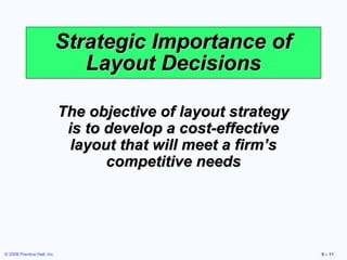 Strategic Importance of
                                Layout Decisions

                             The objective of layout strategy
                              is to develop a cost-effective
                               layout that will meet a firm’s
                                    competitive needs




© 2008 Prentice Hall, Inc.                                      9 – 11
 