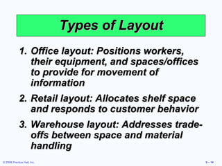 Types of Layout
            1. Office layout: Positions workers,
               their equipment, and spaces/offices
               to provide for movement of
               information
            2. Retail layout: Allocates shelf space
               and responds to customer behavior
            3. Warehouse layout: Addresses trade-
               offs between space and material
               handling
© 2008 Prentice Hall, Inc.                            9 – 14
 