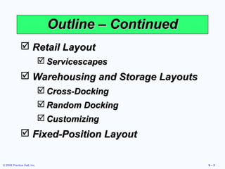Outline – Continued
               Retail Layout
                              Servicescapes
               Warehousing and Storage Layouts
                              Cross-Docking
                              Random Docking
                              Customizing
               Fixed-Position Layout

© 2008 Prentice Hall, Inc.                           9–3
 