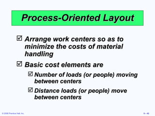 Process-Oriented Layout

                 Arrange work centers so as to
                  minimize the costs of material
                  handling
                 Basic cost elements are
                              Number of loads (or people) moving
                               between centers
                              Distance loads (or people) move
                               between centers

© 2008 Prentice Hall, Inc.                                          9 – 42
 