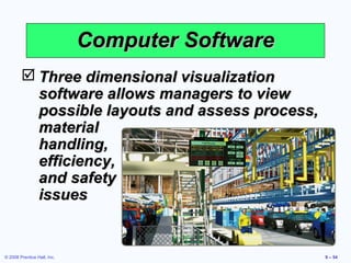 Computer Software
         Three dimensional visualization
          software allows managers to view
          possible layouts and assess process,
          material
          handling,
          efficiency,
          and safety
          issues


© 2008 Prentice Hall, Inc.                       9 – 54
 