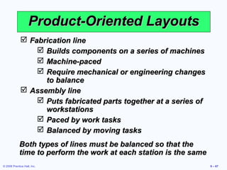 Product-Oriented Layouts
              Fabrication line
                  Builds components on a series of machines
                  Machine-paced
                  Require mechanical or engineering changes
                   to balance
              Assembly line
                  Puts fabricated parts together at a series of
                   workstations
                  Paced by work tasks
                  Balanced by moving tasks
             Both types of lines must be balanced so that the
             time to perform the work at each station is the same
© 2008 Prentice Hall, Inc.                                          9 – 67
 