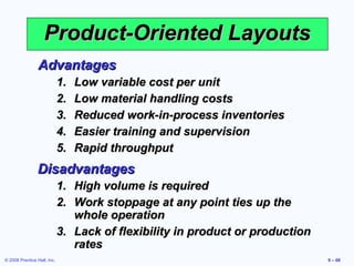 Product-Oriented Layouts
                 Advantages
                             1.   Low variable cost per unit
                             2.   Low material handling costs
                             3.   Reduced work-in-process inventories
                             4.   Easier training and supervision
                             5.   Rapid throughput
                Disadvantages
                             1. High volume is required
                             2. Work stoppage at any point ties up the
                                whole operation
                             3. Lack of flexibility in product or production
                                rates
© 2008 Prentice Hall, Inc.                                                     9 – 68
 