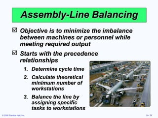 Assembly-Line Balancing
            Objective is to minimize the imbalance
             between machines or personnel while
             meeting required output
            Starts with the precedence
             relationships
                        1. Determine cycle time
                        2. Calculate theoretical
                           minimum number of
                           workstations
                        3. Balance the line by
                           assigning specific
                           tasks to workstations
© 2008 Prentice Hall, Inc.                            9 – 71
 