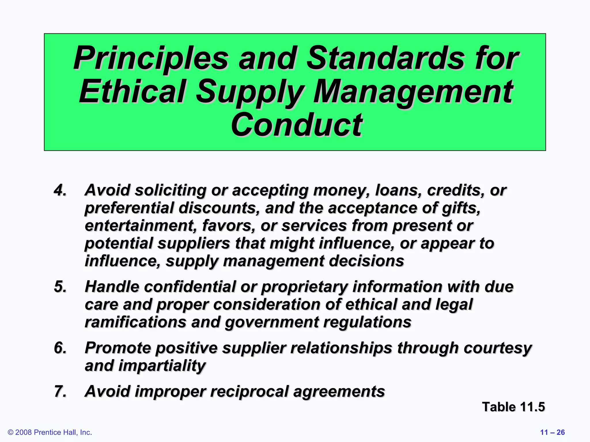 Principles and Standards for
                   Ethical Supply Management
                             Conduct
             4.        Avoid soliciting or accepting money, loans, credits, or
                       preferential discounts, and the acceptance of gifts,
                       entertainment, favors, or services from present or
                       potential suppliers that might influence, or appear to
                       influence, supply management decisions
             5.        Handle confidential or proprietary information with due
                       care and proper consideration of ethical and legal
                       ramifications and government regulations
             6.        Promote positive supplier relationships through courtesy
                       and impartiality
             7.        Avoid improper reciprocal agreements
                                                                          Table 11.5
© 2008 Prentice Hall, Inc.                                                         11 – 26
 