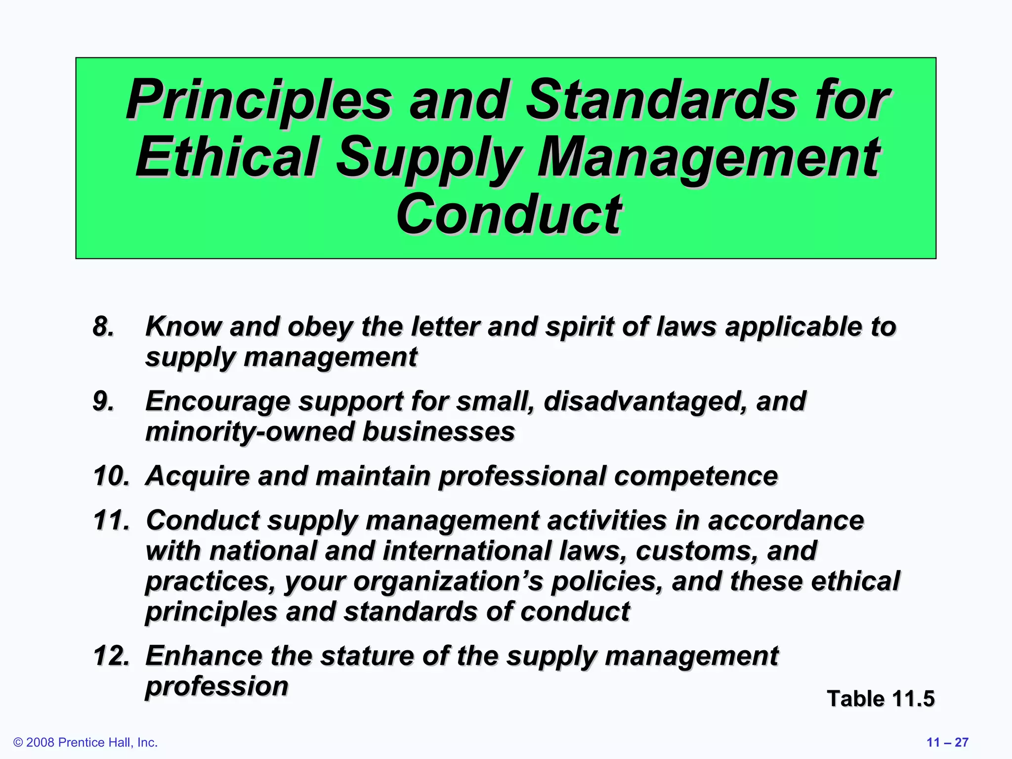 Principles and Standards for
                   Ethical Supply Management
                             Conduct
             8.        Know and obey the letter and spirit of laws applicable to
                       supply management
             9.        Encourage support for small, disadvantaged, and
                       minority-owned businesses
             10. Acquire and maintain professional competence
             11. Conduct supply management activities in accordance
                 with national and international laws, customs, and
                 practices, your organization’s policies, and these ethical
                 principles and standards of conduct
             12. Enhance the stature of the supply management
                 profession                                               Table 11.5
© 2008 Prentice Hall, Inc.                                                         11 – 27
 