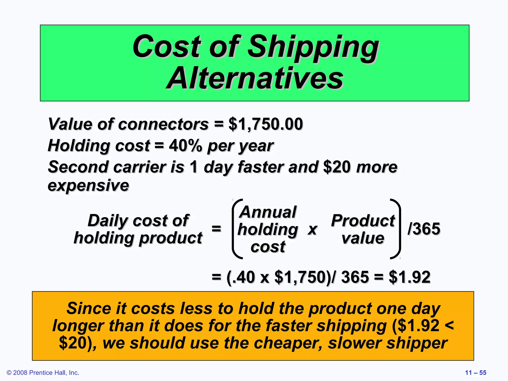 Cost of Shipping
                               Alternatives
              Value of connectors = $1,750.00
              Holding cost = 40% per year
              Second carrier is 1 day faster and $20 more
              expensive

                        Daily cost of = Annual x Product /365
                       holding product  holding
                                                  value
                                         cost
                                     = (.40 x $1,750)/ 365 = $1.92
                  Since it costs less to hold the product one day
                longer than it does for the faster shipping ($1.92 <
                 $20), we should use the cheaper, slower shipper
© 2008 Prentice Hall, Inc.                                             11 – 55
 