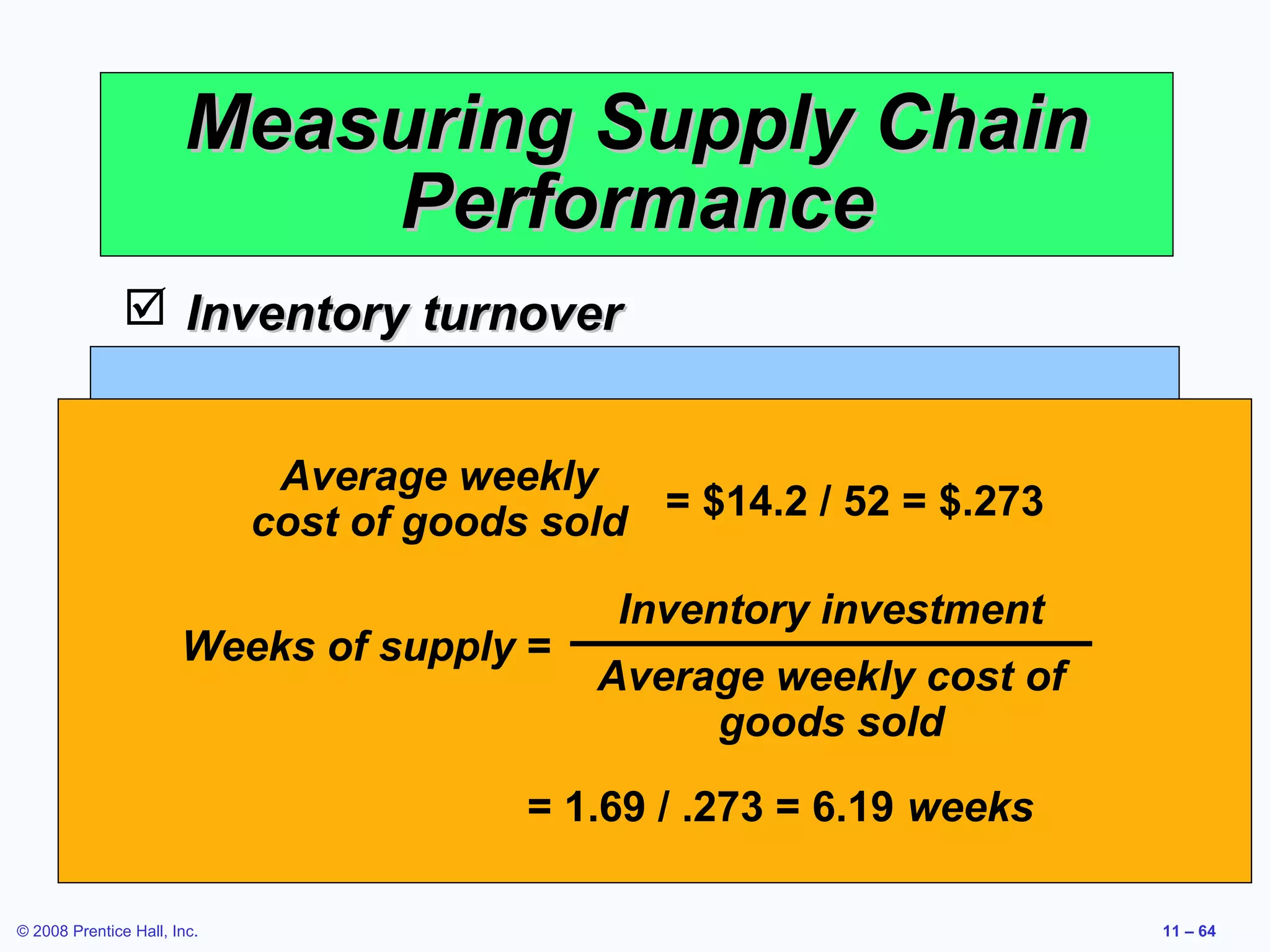 Measuring Supply Chain
                           Performance
                Inventory turnover

                     Net revenue                                $32.5
                                              Cost of goods sold
                     Cost of goods weekly
                           Average sold
                      Inventory turnover =                      $14.2
                                               = $14.2 / 52 = $.273
                     Inventory: goods soldInventory investment
                          cost of
                        Raw material inventory        $.74
                                         = 14.2 / 1.69 = 8.4
                                            Inventory investment
                        Work-in-process inventory $.11
                      Weeks of supply =
                        Finished goods inventory weekly cost of
                                           Average $.84
                     Total inventory investment goods sold $1.69
                                       = 1.69 / .273 = 6.19 weeks

© 2008 Prentice Hall, Inc.                                              11 – 64
 