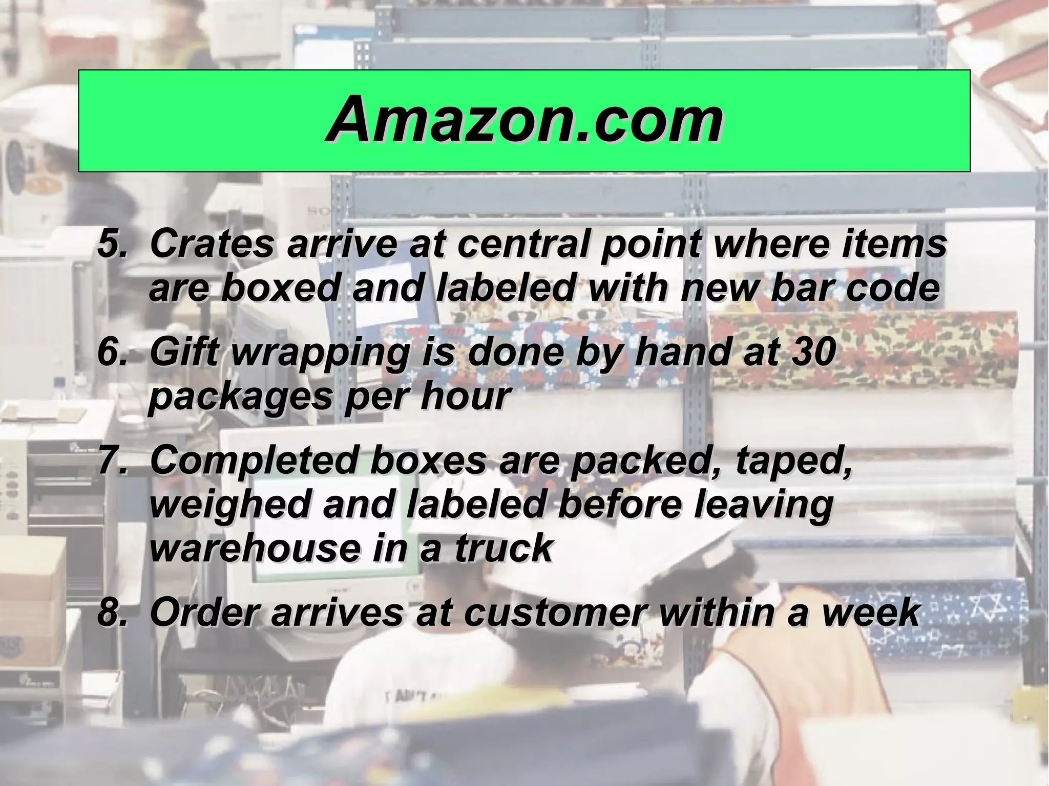 Amazon.com
              5. Crates arrive at central point where items
                 are boxed and labeled with new bar code
              6. Gift wrapping is done by hand at 30
                 packages per hour
              7. Completed boxes are packed, taped,
                 weighed and labeled before leaving
                 warehouse in a truck
              8. Order arrives at customer within a week


© 2008 Prentice Hall, Inc.                                    12 – 10
 