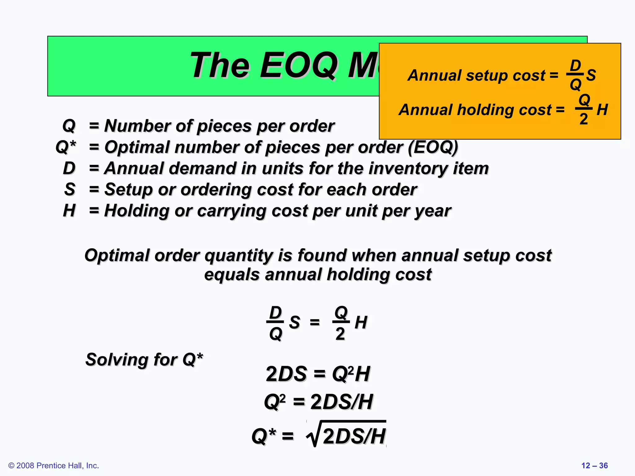 The EOQ Model setup cost = Q S
                                           Annual
                                                            D

                                                                                  Q
                                                          Annual holding cost =     H
              Q       = Number of pieces per order                                2
             Q*       = Optimal number of pieces per order (EOQ)
              D       = Annual demand in units for the inventory item
              S       = Setup or ordering cost for each order
              H       = Holding or carrying cost per unit per year

                     Optimal order quantity is found when annual setup cost
                                   equals annual holding cost

                                           D     Q
                                             S =   H
                                           Q     2
                     Solving for Q*
                                          2DS = Q2H
                                          Q2 = 2DS/H
                                        Q* =     2DS/H
© 2008 Prentice Hall, Inc.                                                        12 – 36
 