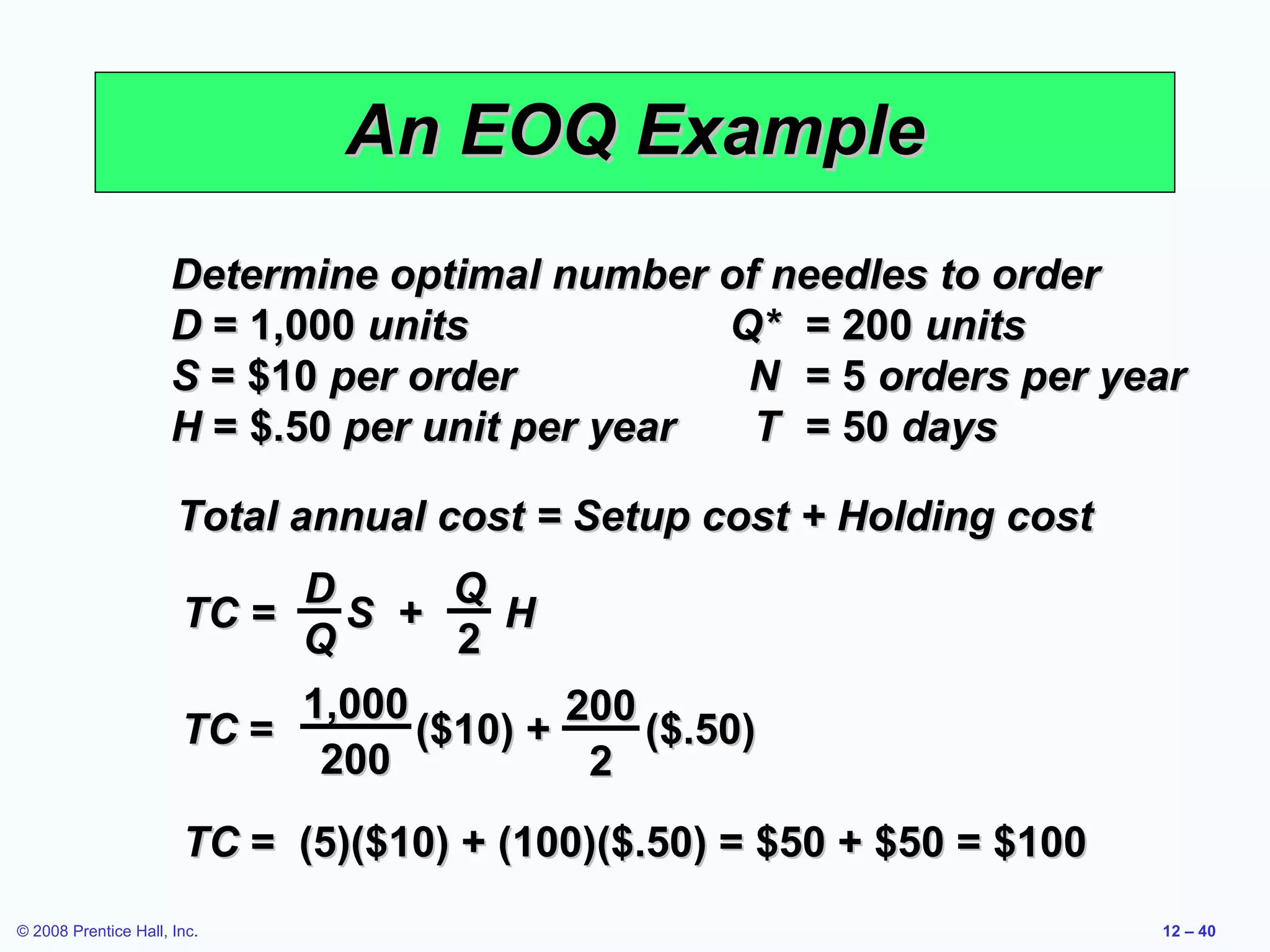 An EOQ Example
                      Determine optimal number of needles to order
                      D = 1,000 units            Q* = 200 units
                      S = $10 per order           N = 5 orders per year
                      H = $.50 per unit per year  T = 50 days

                      Total annual cost = Setup cost + Holding cost
                            D       Q
                       TC =   S +     H
                            Q       2
                            1,000         200
                       TC =       ($10) +     ($.50)
                             200           2
                       TC = (5)($10) + (100)($.50) = $50 + $50 = $100
© 2008 Prentice Hall, Inc.                                              12 – 40
 