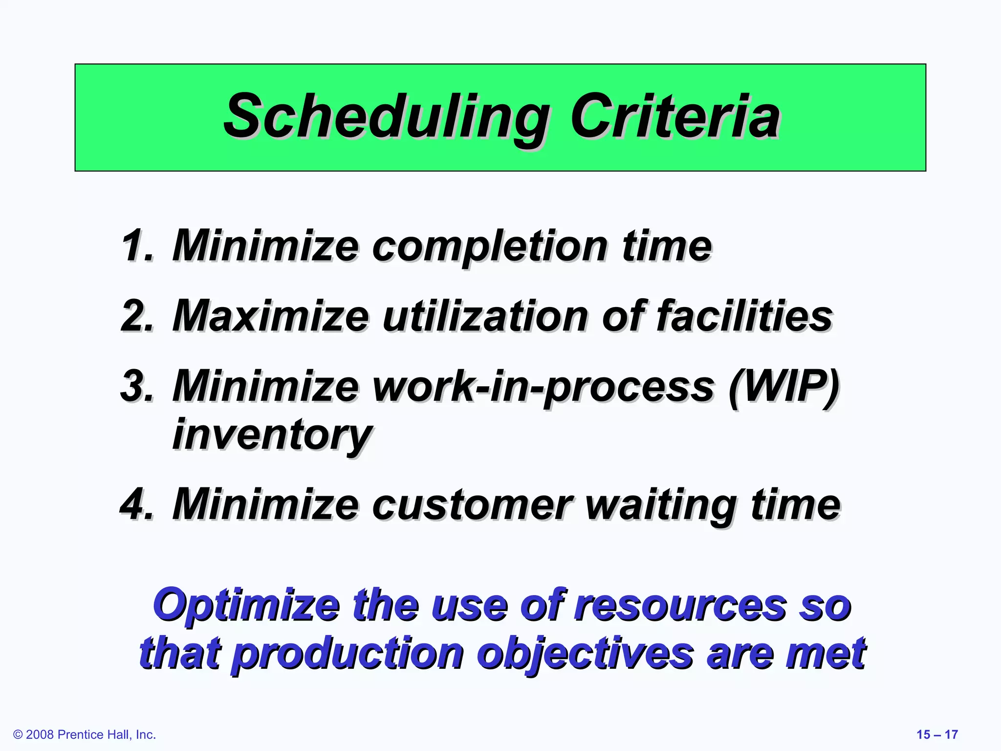 Scheduling Criteria

                   1. Minimize completion time
                   2. Maximize utilization of facilities
                   3. Minimize work-in-process (WIP)
                      inventory
                   4. Minimize customer waiting time

                       Optimize the use of resources so
                      that production objectives are met
© 2008 Prentice Hall, Inc.                                 15 – 17
 