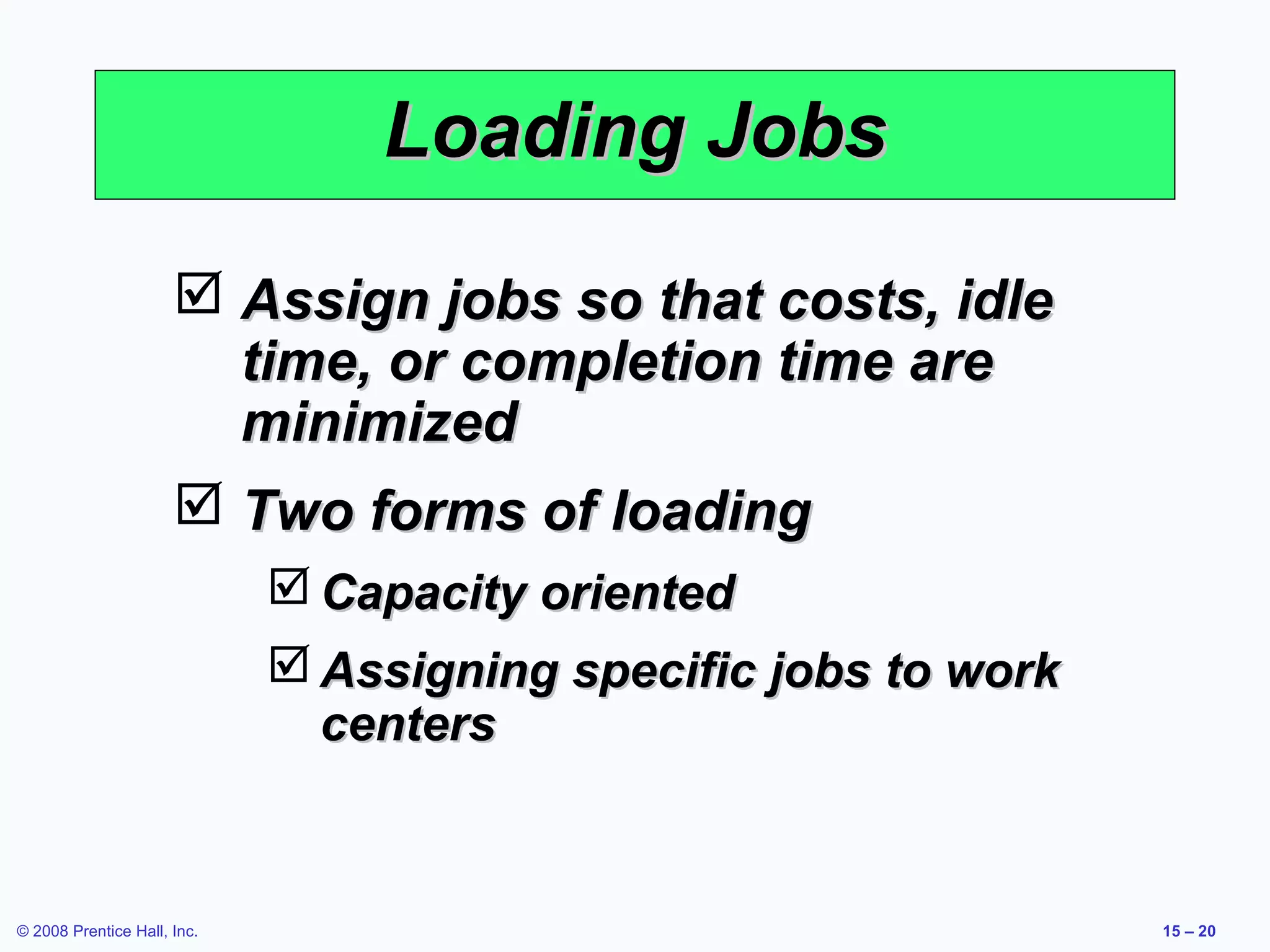 Loading Jobs

                       Assign jobs so that costs, idle
                        time, or completion time are
                        minimized
                       Two forms of loading
                              Capacity oriented
                              Assigning specific jobs to work
                               centers


© 2008 Prentice Hall, Inc.                                       15 – 20
 