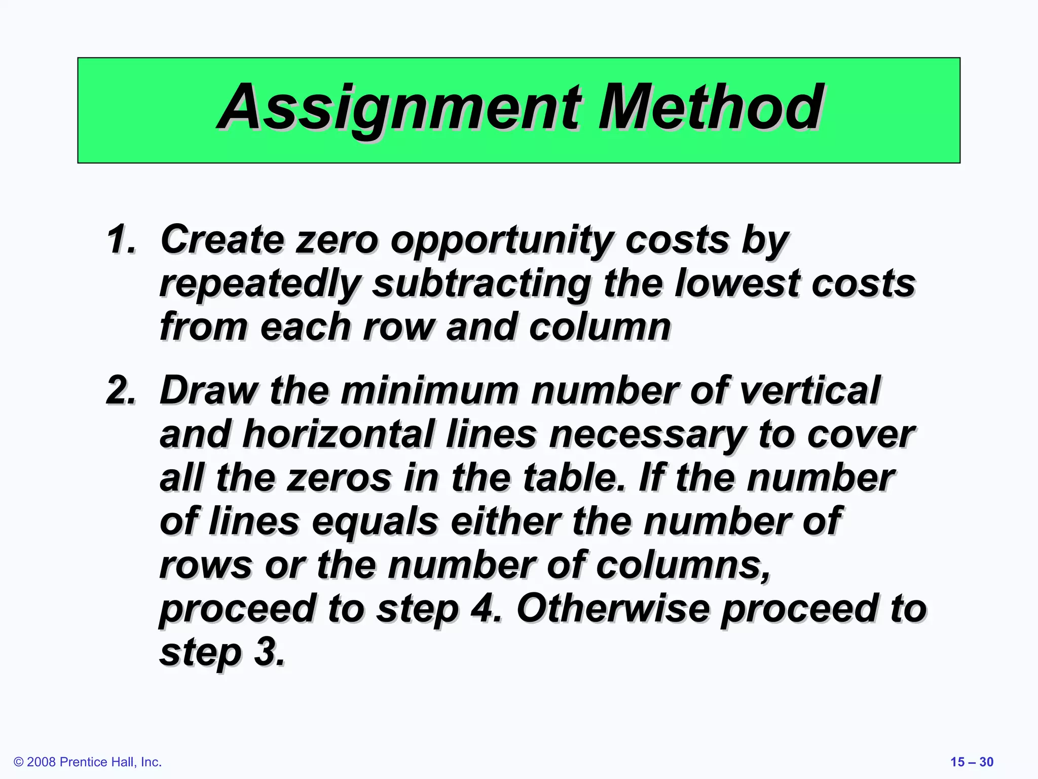 Assignment Method
               1. Create zero opportunity costs by
                  repeatedly subtracting the lowest costs
                  from each row and column
               2. Draw the minimum number of vertical
                  and horizontal lines necessary to cover
                  all the zeros in the table. If the number
                  of lines equals either the number of
                  rows or the number of columns,
                  proceed to step 4. Otherwise proceed to
                  step 3.

© 2008 Prentice Hall, Inc.                                    15 – 30
 