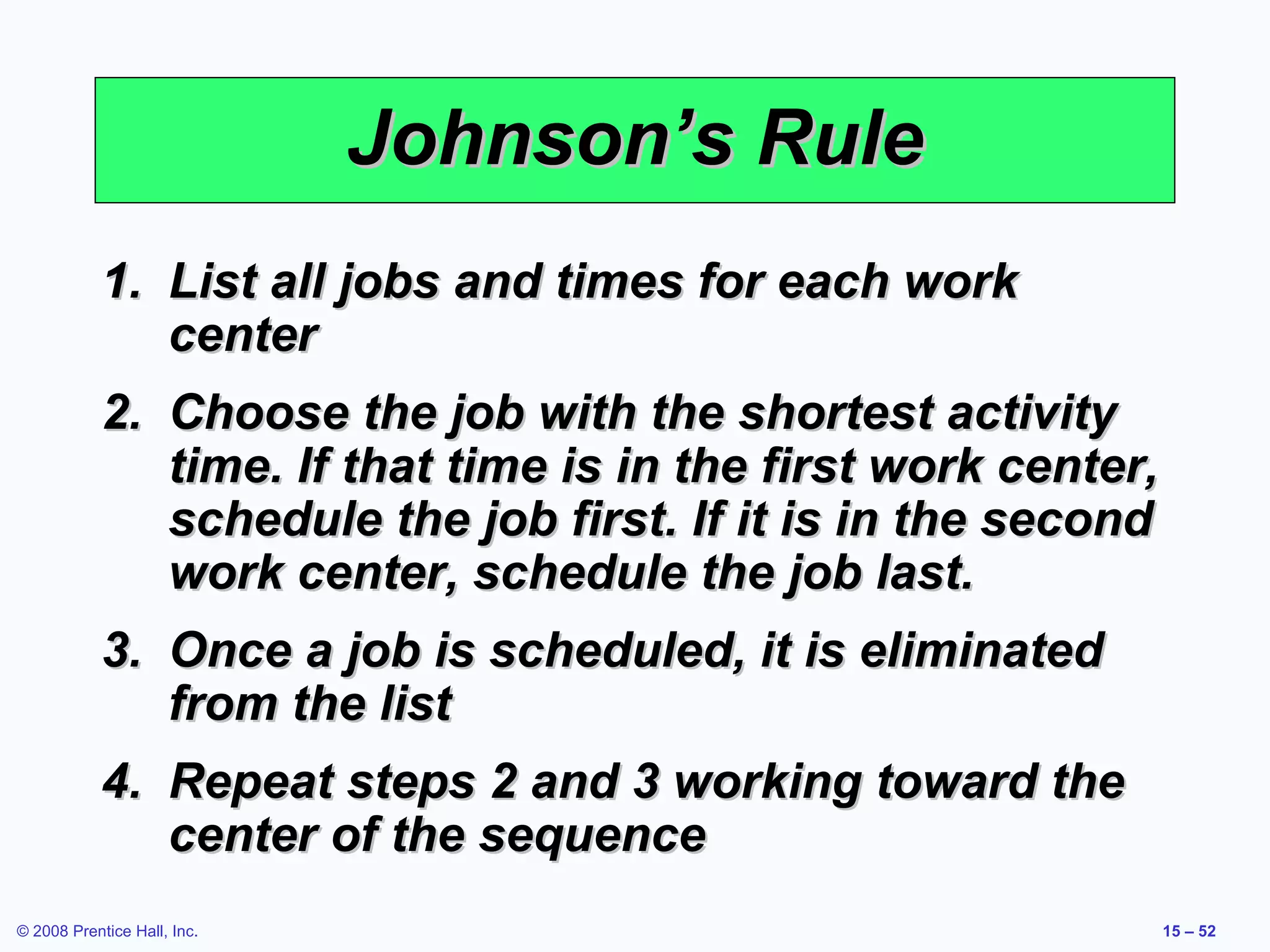 Johnson’s Rule
            1. List all jobs and times for each work
               center
            2. Choose the job with the shortest activity
               time. If that time is in the first work center,
               schedule the job first. If it is in the second
               work center, schedule the job last.
            3. Once a job is scheduled, it is eliminated
               from the list
            4. Repeat steps 2 and 3 working toward the
               center of the sequence
© 2008 Prentice Hall, Inc.                                       15 – 52
 