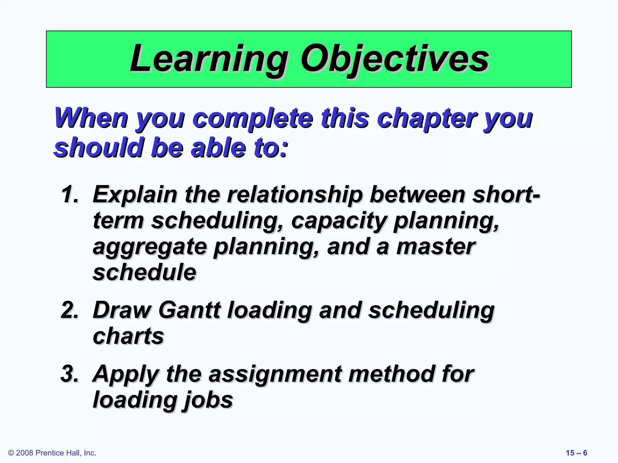 Learning Objectives
             When you complete this chapter you
             should be able to:
               1. Explain the relationship between short-
                  term scheduling, capacity planning,
                  aggregate planning, and a master
                  schedule
               2. Draw Gantt loading and scheduling
                  charts
               3. Apply the assignment method for
                  loading jobs
© 2008 Prentice Hall, Inc.                                  15 – 6
 