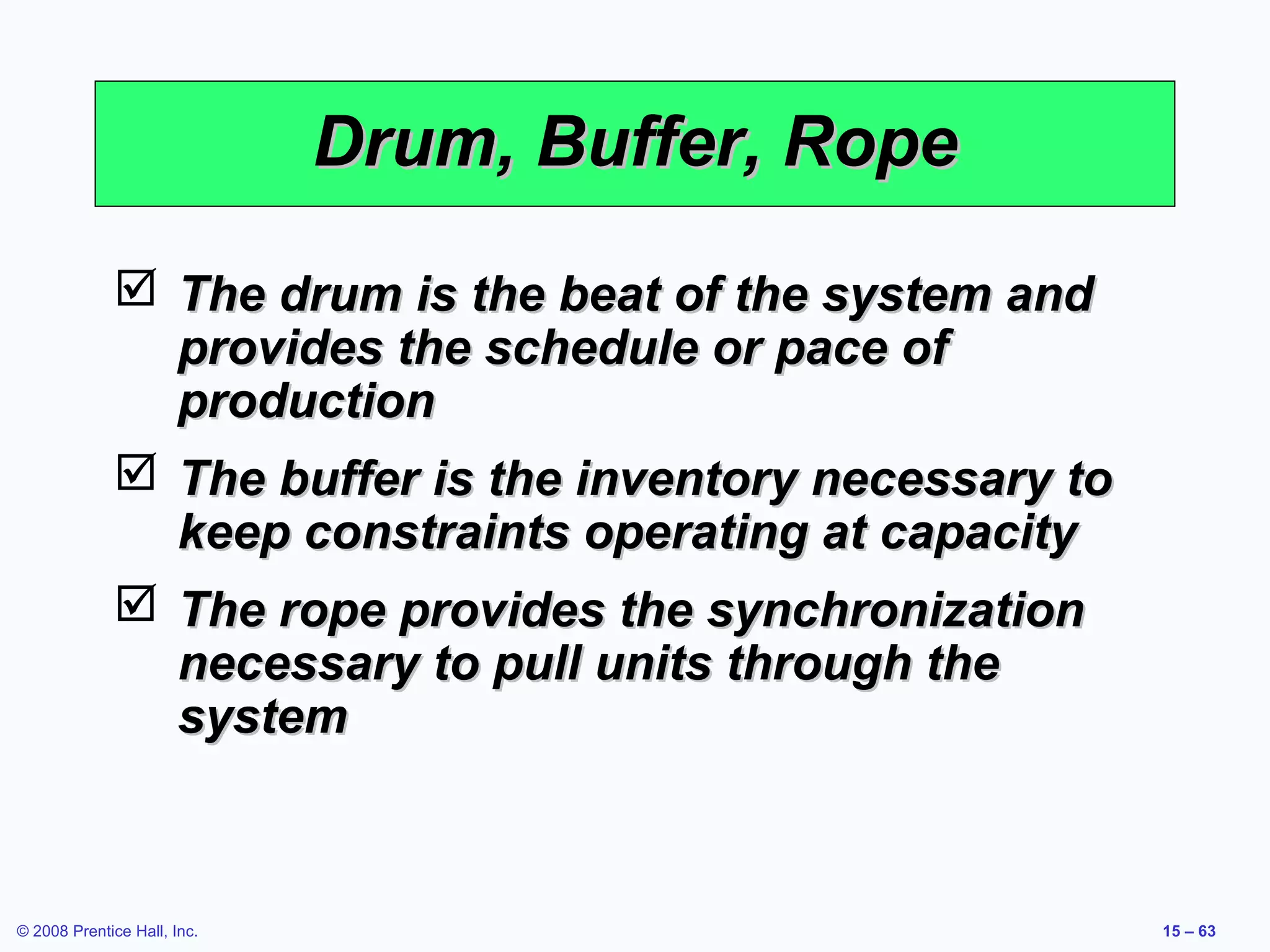 Drum, Buffer, Rope
              The drum is the beat of the system and
               provides the schedule or pace of
               production
              The buffer is the inventory necessary to
               keep constraints operating at capacity
              The rope provides the synchronization
               necessary to pull units through the
               system



© 2008 Prentice Hall, Inc.                                15 – 63
 