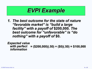 EVPI Example
            1. The best outcome for the state of nature
               “favorable market” is “build a large
               facility” with a payoff of $200,000. The
               best outcome for “unfavorable” is “do
               nothing” with a payoff of $0.
            Expected value
             with perfect = ($200,000)(.50) + ($0)(.50) = $100,000
             information




© 2008 Prentice Hall, Inc.                                      A – 23
 